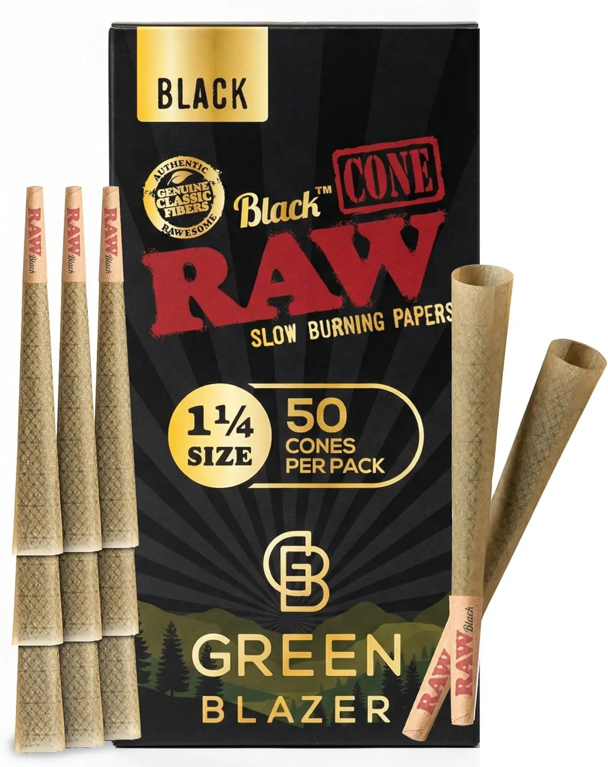 RAW Cones Black 1 1/4 Size: 50 Pack Translucent, Extra Fine Pre Rolled Cones & Tips – Ultra Thin RAWthentic Paper, Patented Slow Burn, 84mm
