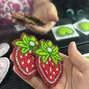 Beaded Earrings - Red Strawberry Design with Green Leaves Beaded Jewelry Accessory