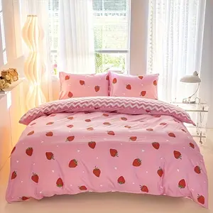 3pcs Small Strawberry Print Bedding Set, Universal Fit, No Padding, One Size, Comfortable & Stylish Sleepwear