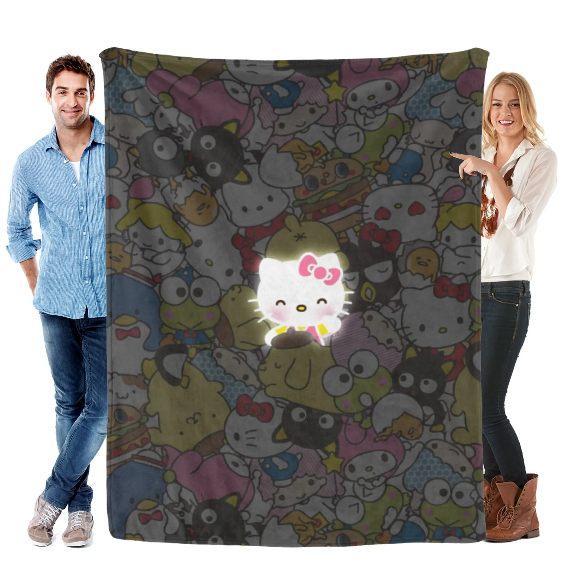 [SummerVibes] SANRIO CLASSIC Glowing Hello Kitty & Friends Flannel Blanket - Soft, Warm with Vibrant 2D Print, Throw for Sofa, Bed & Office Nap