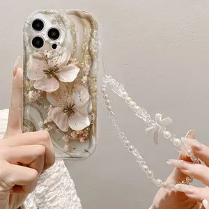 1pc Cream Texture Tulip UV Printed Protective Phone Case Cover Casing with Bow Bead Wrist Strap, Compatible with iPhone 17-11 Pro Pro Max Plus, Trendy All-Occasion Gift