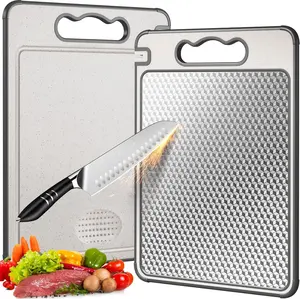 Double Sided 304 Stainless Steel & Wheat Straw Cutting Board, 14.4"*9.8" Non Toxic Chopping Board, Separately Handle Meat and Vegetables, Dishwasher Safe, Scratch Resistant Mesh Design