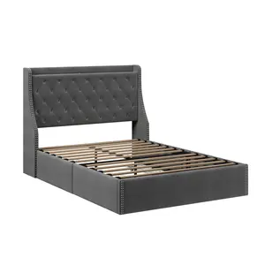 Garvee Full Bed Frame with Storage, 4 Under Bed Drawers and Wingback Headboard, Type-c and USB Ports, Diamond Tufted Upholstered Platform, No Box Spring Required, Grey
