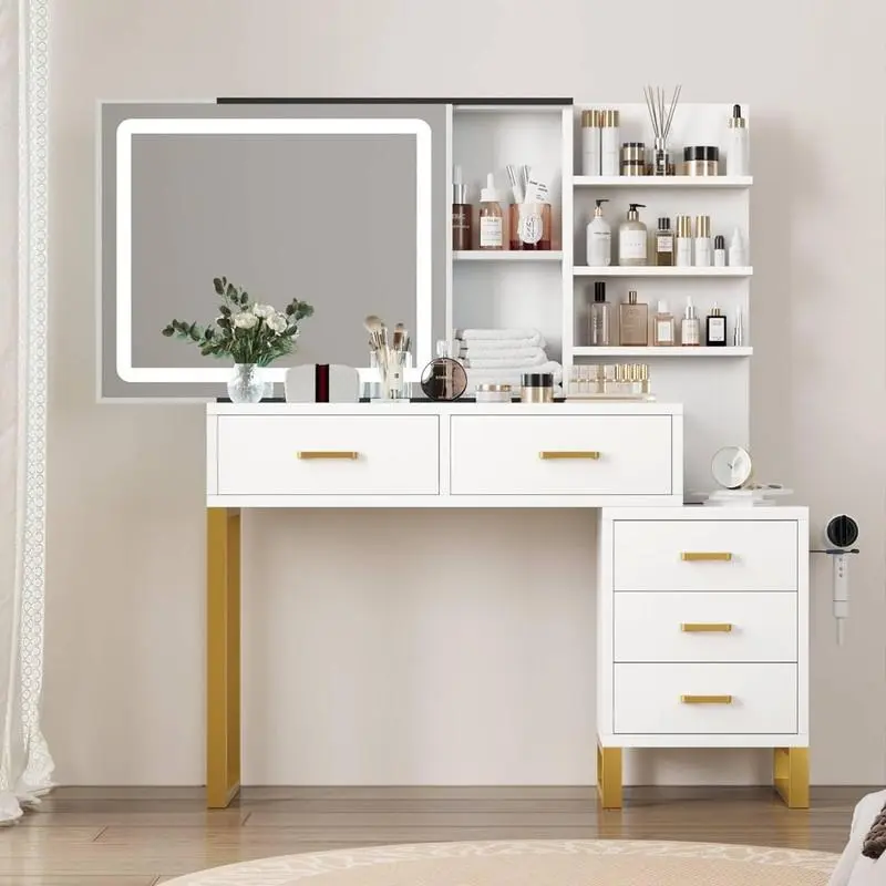 Gaomon White & Gold Makeup Vanity Desk - Sliding Mirror, 3 Lighting Modes, Built-in Charging Station, 5 Large Drawers, 3-Tier Open Shelves for Bedroom, 3 Tier Shelves