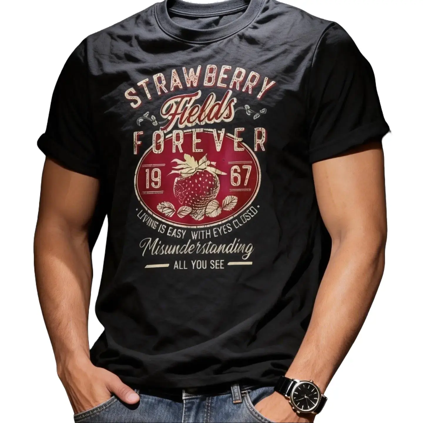 Men's 1967 Retro-Style "Strawberry Fields Forever" Print Short-Sleeve , Vintage Beatles Classic Rock Band Sports Top sporty Meme Christmas Funny unisex wide-shoulder fit washed black cotton short sleeve casual soft breathable streetwear basic tee