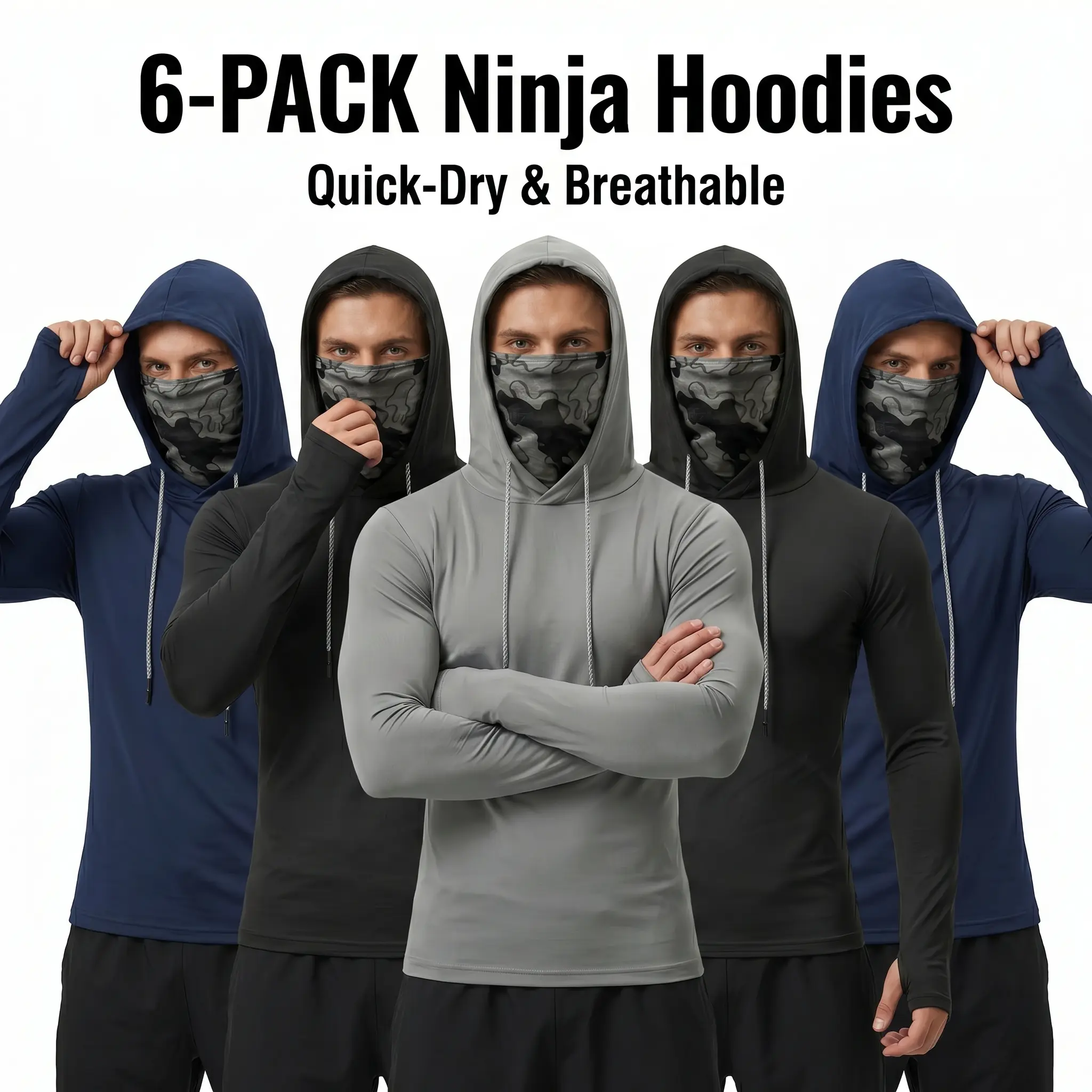 Men's 6-Pack Athletic Hoodie, Long-Sleeve Breathable Polyester Sun Shirt with Built-in Face Mask, Cooling Clothing for Fishing & Outdoor Work, Breathable Polyester Sweatshirt, Sun-Proof Men's Long-Sleeve T-Shirts, Sweat Protection Men's Long-Sleeve T-Shir