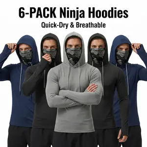 6-piece set men's outdoor work sun protection clothing with sun-blocking hoodie, featuring built-in face mask and neck guard, breathable long-sleeve hoodie