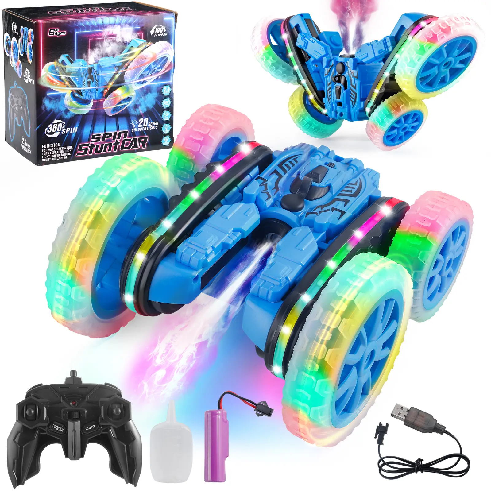 Remote Control Stunt Car RC Cars Toys for Kids 4WD Stunt Car with LED Lights & 360° Flips 2.4GHz Double-Sided Design for Extreme Driving Experiences