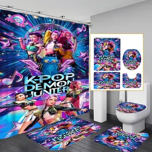 4-Piece Modern Bathroom Curtain Set, Colorful Background Shower Curtains, Includes 12 Hooks, Non-Slip Toilet Mat & U-Shaped Seat Cover
