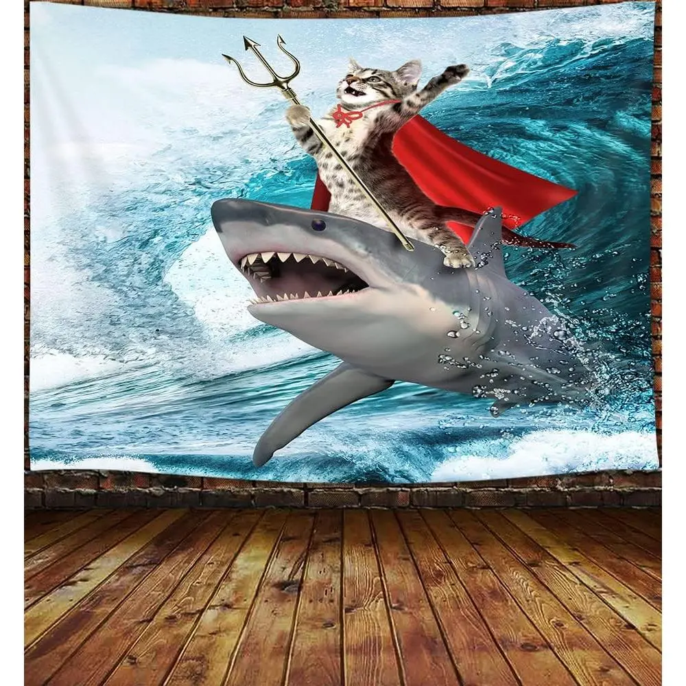 Cat Riding Shark Tapestry, Japanese Style Wall Art, Bedroom Aesthetic, Funny Cat Tapestry for Kids, 60X40 Inch
