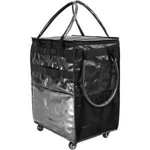 Grocery Bag On Wheels Large Capacity Shopping Trolley Foldable Rolling Tote with Outside Pocket, Heavy Duty Handle (Black, Medium)