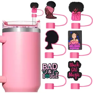 6PCS Pink Black Girl Straw Covers for Stanley Cup，Cute Silicone Straw Topper for 10mm Drinking Straw Tip Covers Stanley Cup Accessories