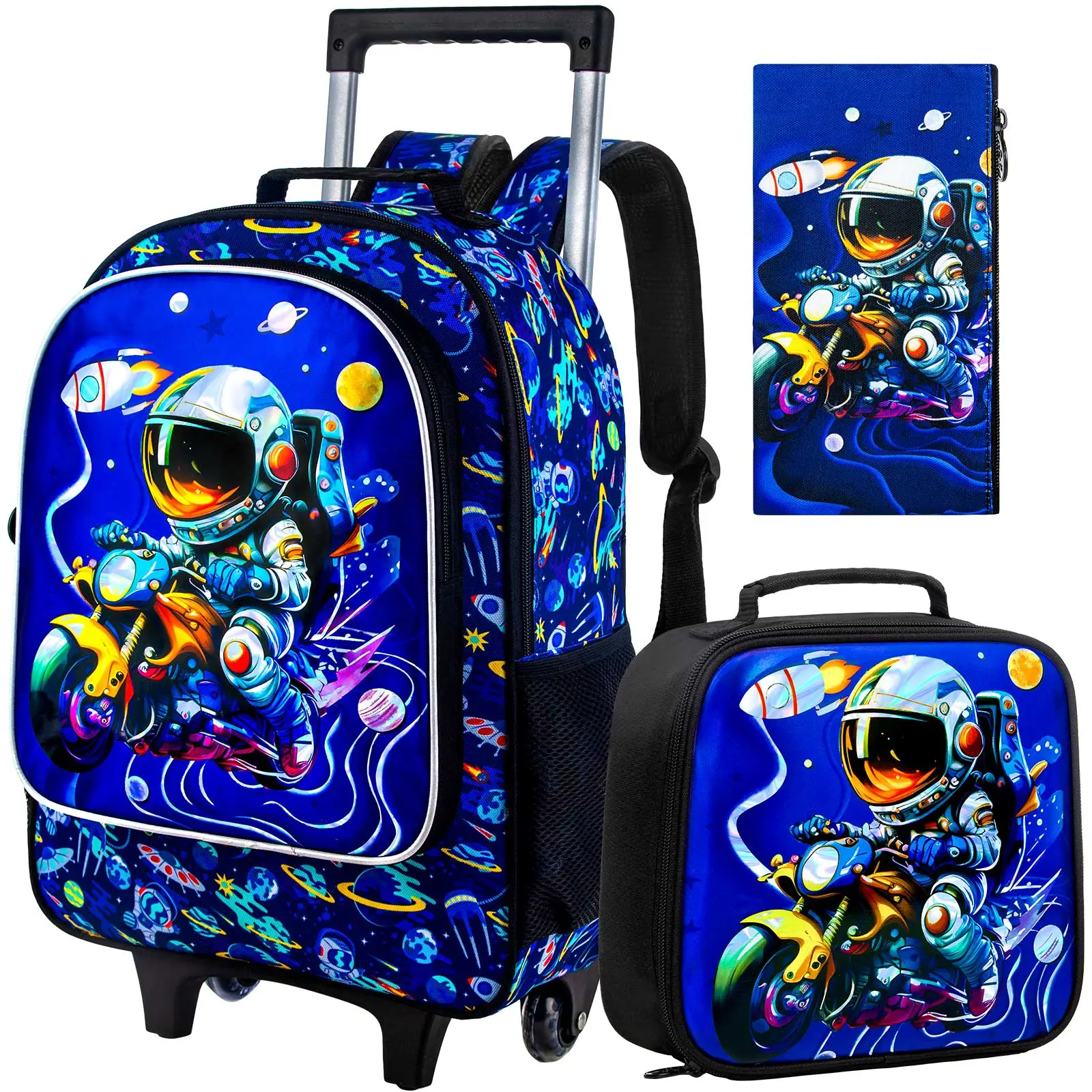 3Pcs Rolling Backpack for Boys, Kids Roller Bookbag with Wheels, Space Wheeled Backpacks Set for Elementary Toddler(Blue)