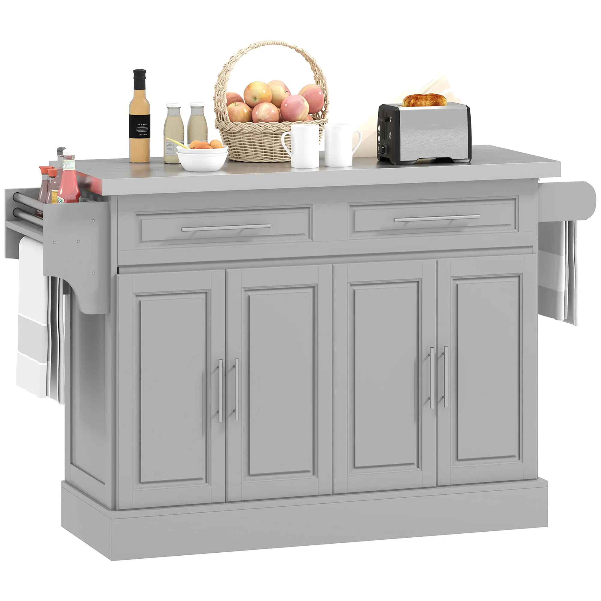 HOMCOM Rolling Kitchen Island Cart with Wheels, Portable Island Table for Kitchen with Stainless Steel Top, Adjustable Shelves, 2 Drawers, Spice, Knife and Towel Rack, White