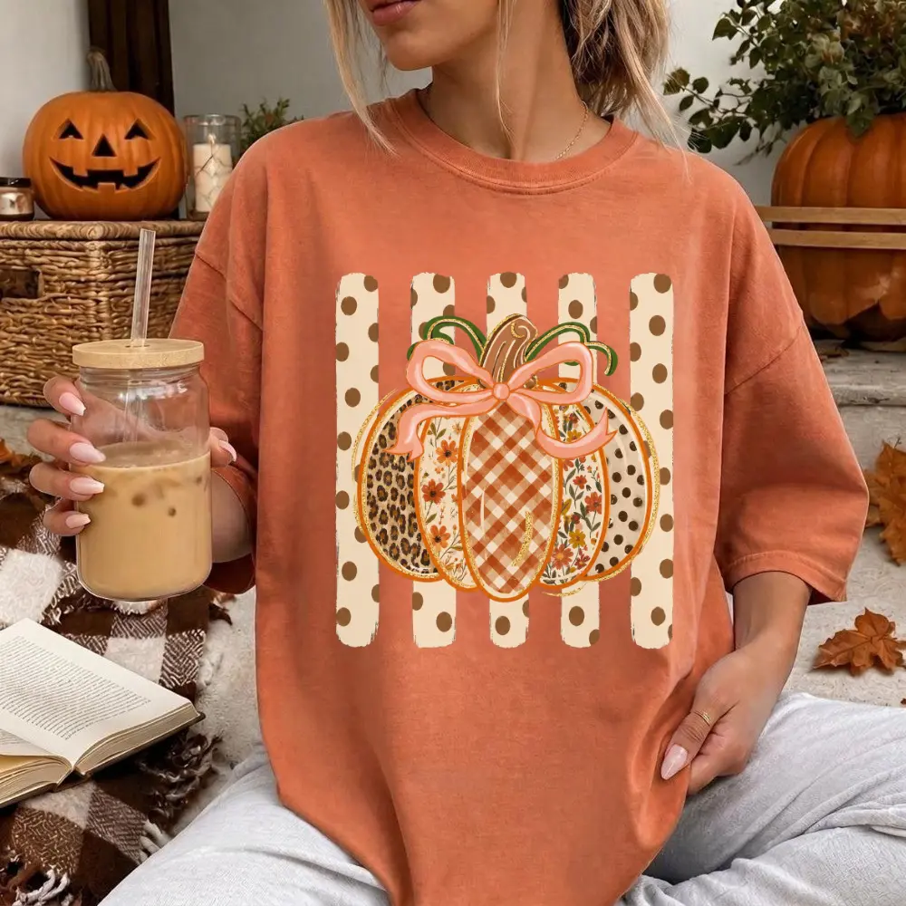 Comfort Colors Preppy Fall Pumpkin PRINT T-shirt, Coquette Floral Autumn T-shirt, Striped Pumpkin T-Shirt, Gingham Tee, Thanksgiving T-shirt