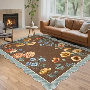 Farmhouse Floral Living Room Rug with Non-Slip Rubber Backing Scallop Printed Area Rug for Bedroom Dining Room Office