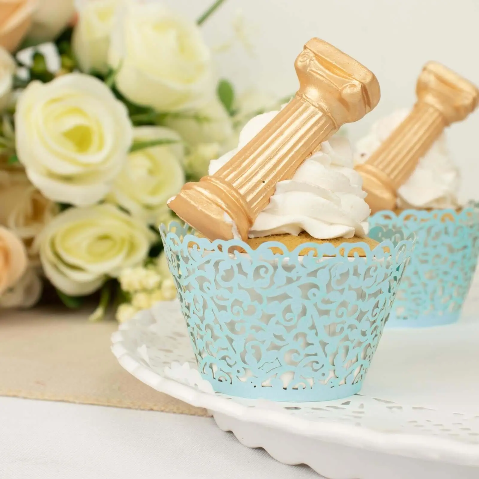 25-Pack Paper Cupcake Liners - Light Blue Lace Laser Cut Bakeware, Paper Liners for Muffin Baking Trays, Party Events Kitchen Baking Utensils, Paper Liner