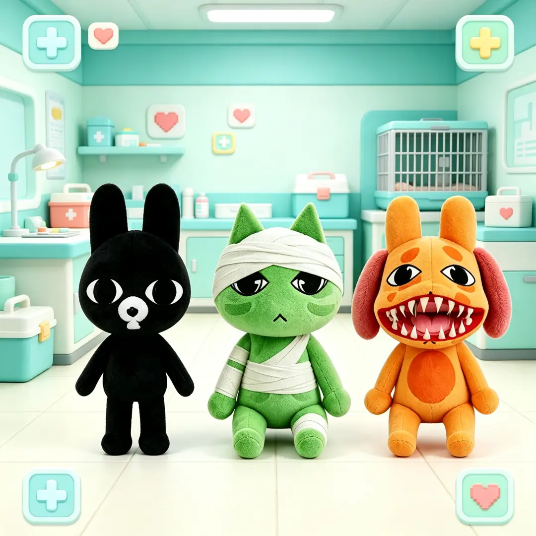 Animal Hospital Game Plush Toys, Black Rabbit, Bandaged Green Mummy Cat, cute girly gifts，plushies，Soft Squishy Companion