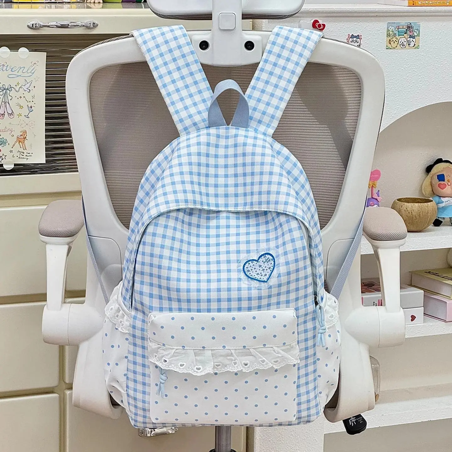 LEFT DEE Pink Plaid Backpack with Heart Patch and Lace Trim for Girls' School or Casual Use student