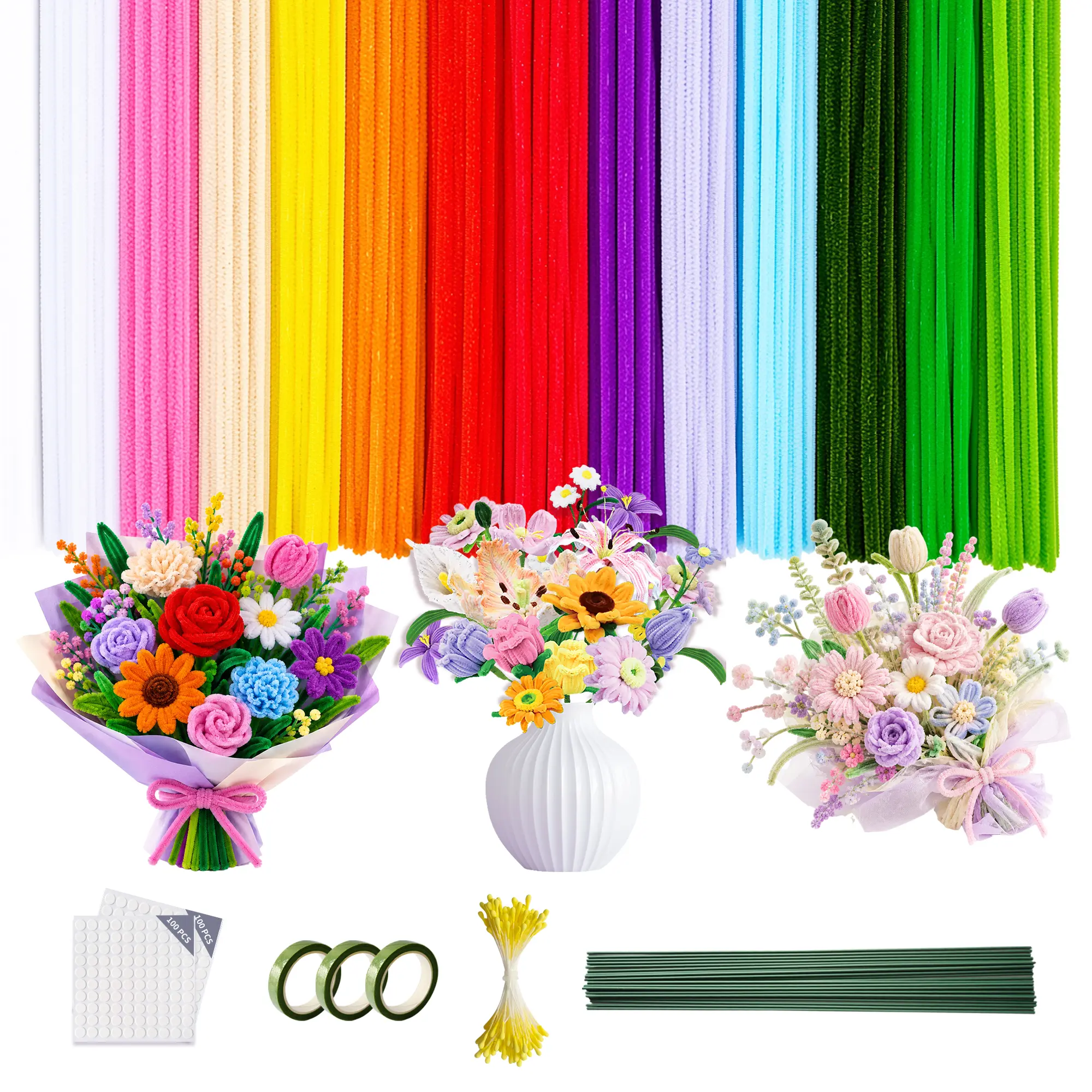 1200 Pcs Chenille Pipe Cleaners – 24 Assorted Colors Fuzzy Soft Plush Stems, DIY Forever Flowers Bouquet Kit, Kids Classroom Sensory Art Project, Handmade Wedding Home Decor Bulk Craft Supplies summerwins