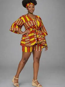 African Print Shorts Set – Plus Size Ankara Peplum Top & Shorts with Headband