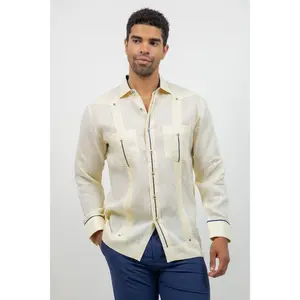 Fancy Linen Guayabera Long Sleeve Two Pocket Contrast Piping