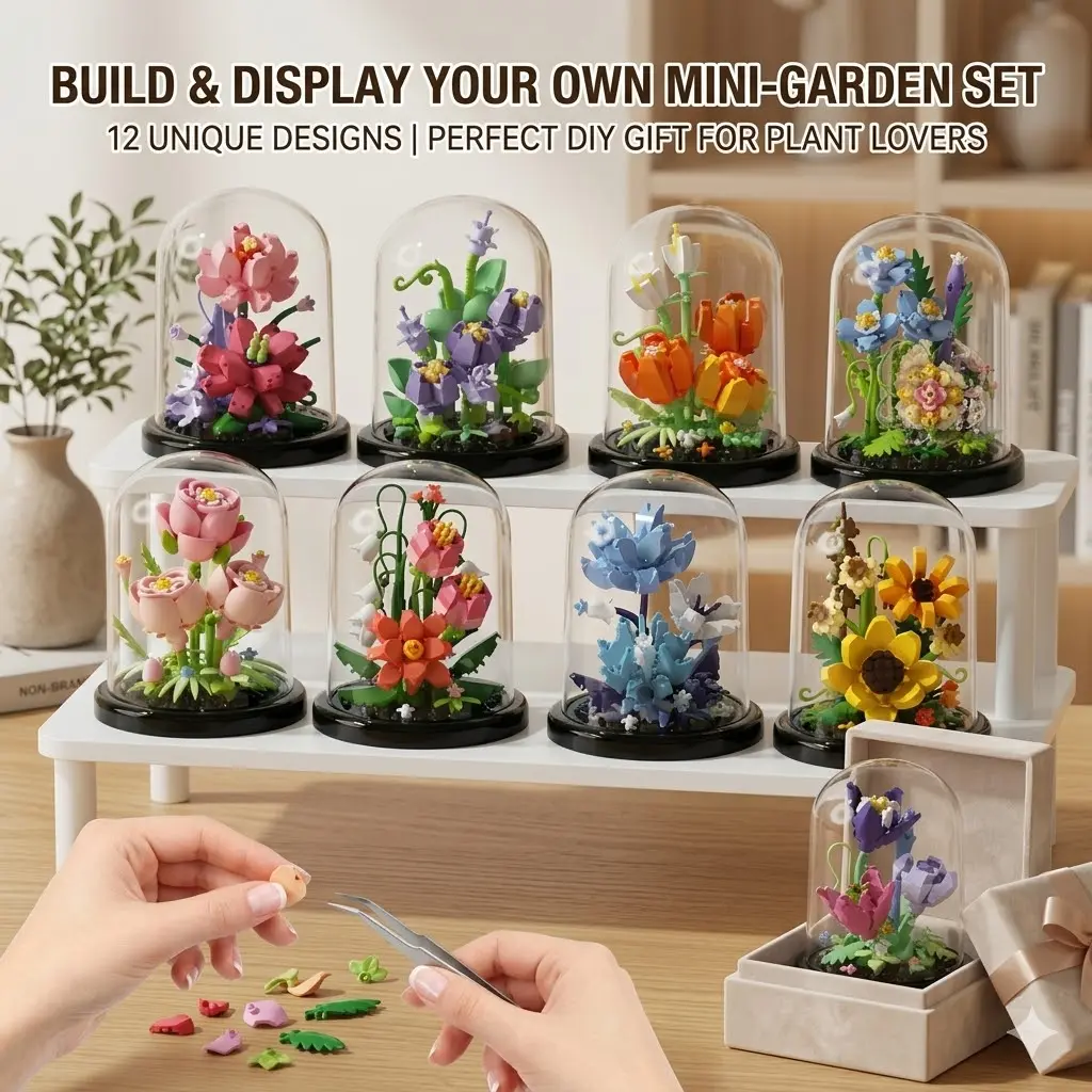 Buildable Blocks Kit, Gentle Forever Rose & Iris Creative Building Block Bouquet, DIY Building Model with Dust Cover for Home Decor, Gifts