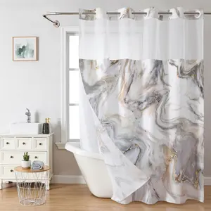 No Hook Shower Curtain with Snap in Liner Marble Texture Double Layer Waterproof Inner Liner White Cloth 72x75 Inch Machine Washable Easy Care