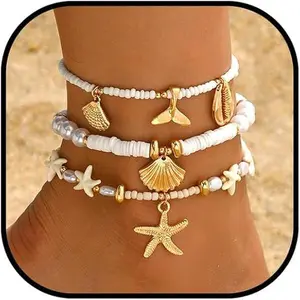 Summer Beach Ankle Bracelet for Women Waterproof Boho Beads Starfish Seashell Anklets Adjustable Surfer Preppy Ankles Set Beach Vacation Accessories