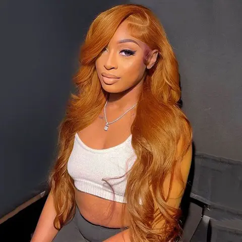 ZIHAN Women's 24 inch Ginger HD Lace Front Wig - Glueless Synthetic Wavy Bombshell Wig with Pre-Plucked 13X5X1 Side Part Design, Synthetic Wigs