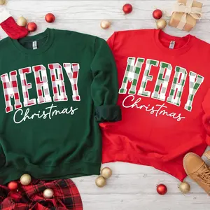Festive “Merry Christmas” Plaid Lettering Pullover For Women | Cute Winter Xmas Sweater | Aesthetic Cotton/Polyester Tops Longsleeve
