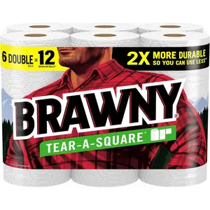 Brawny Tear-A-Square Paper Towels, 6 Double Rolls = 12 Regular Rolls, 3 Sheet Sizes (Quarter, Half, Full), Strength for All Messes, Cleanups, and Meal Prep