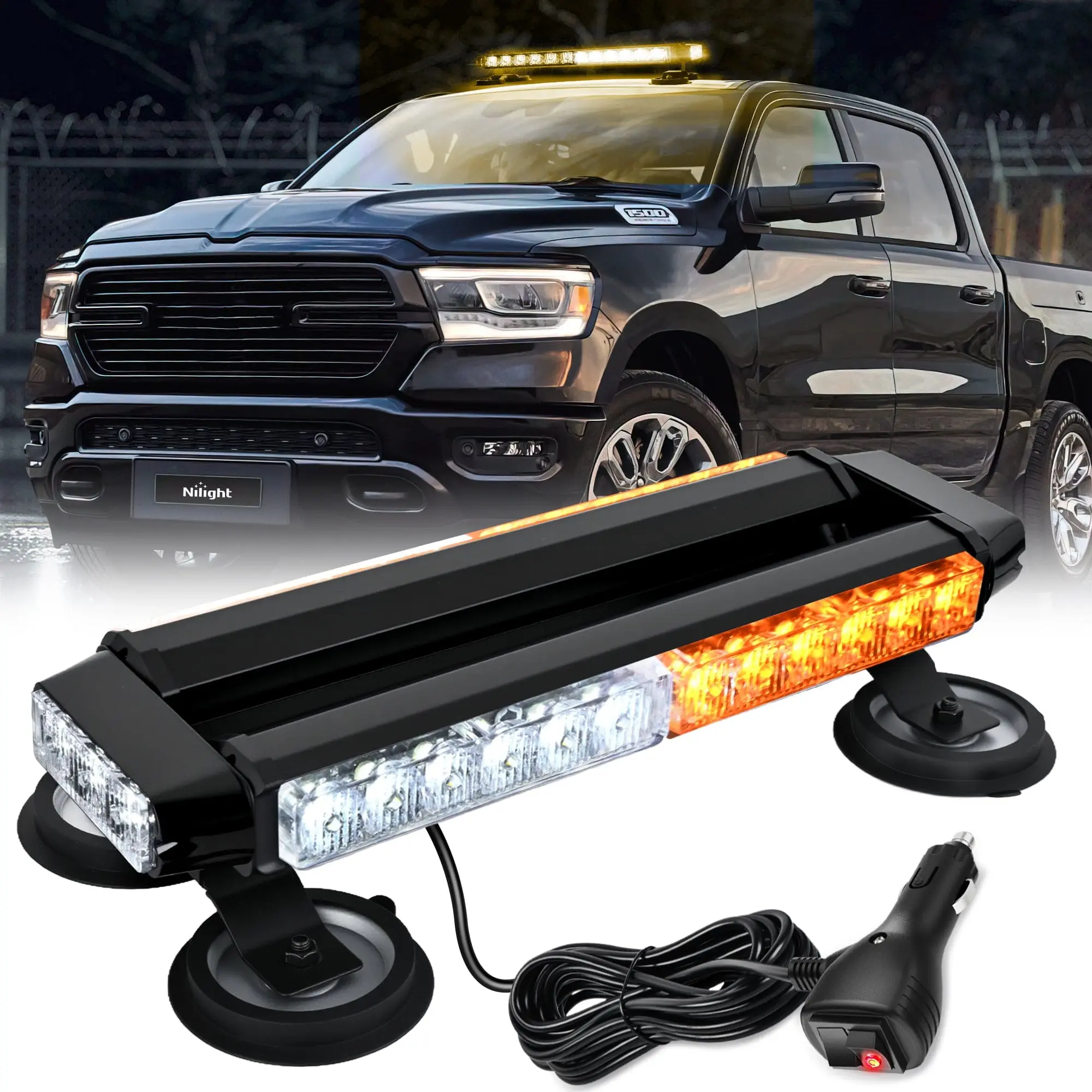 Nilight 14.5 Inch 30LED Strobe Light Bar Double Side Rooftop Flashing Lights Amber White Safety Working Light Bars with Magnetic Base for Construction Vehicles Plow Trucks Pickup