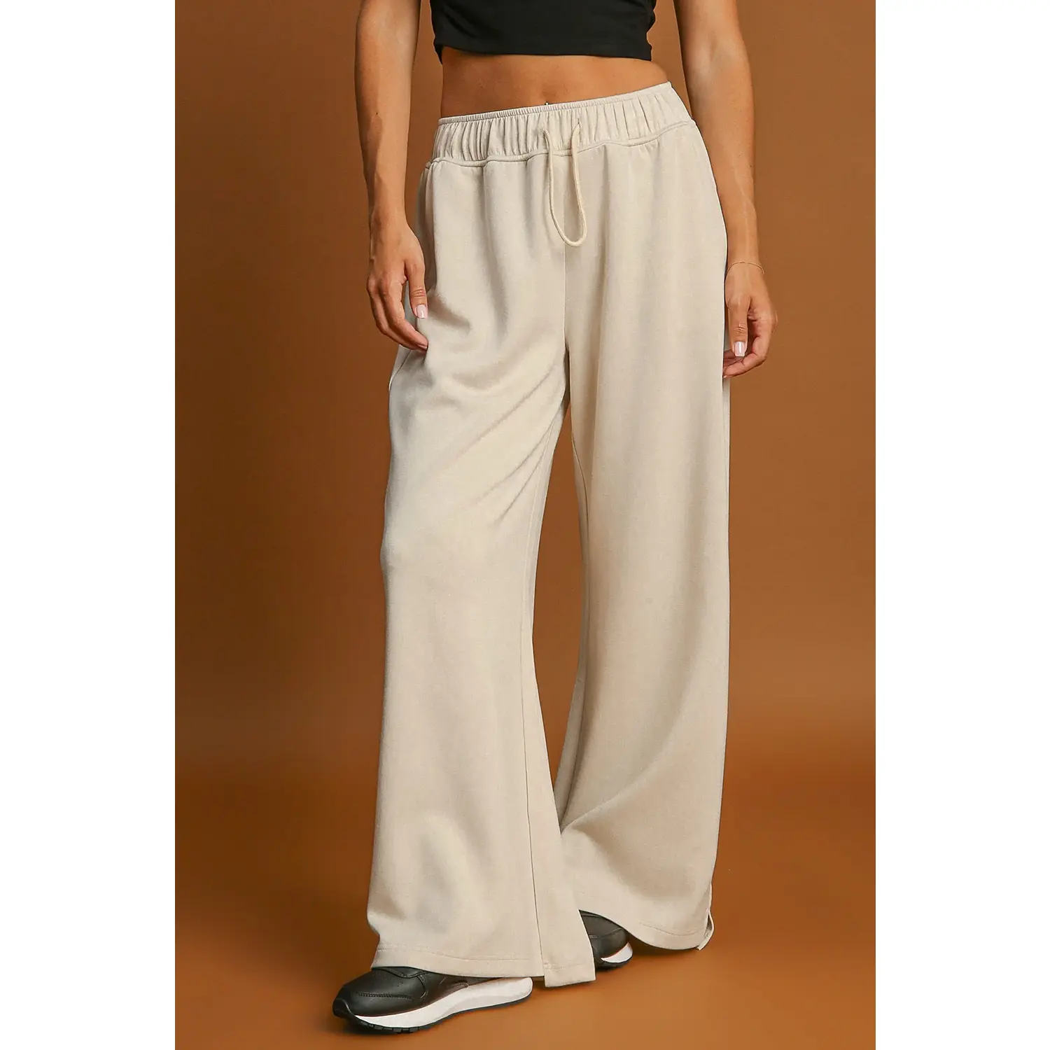 Apricot Loop Drawstring Casual Wide Leg Pants