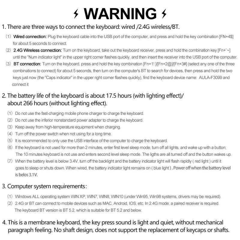 AULA F3099 three-mode, Rechargeable keyboard, 99-key layout, RGB lighting effects, color matching keycaps, ergonomic design, large-capacity battery, light-tone keys suitable for office use, multi-device compatible, plug-and-play, available for computer