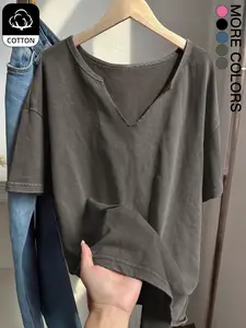 Women's Loose-Fit V-Neck Acid -Wash Vintage Streetwear Knitted Short Sleeve T-Shirt, Casual Comfortable, Breathable, Daily Wear, Office,Shopping, Dating