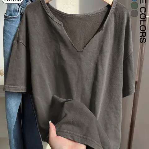 Women's Loose-Fit V-Neck Acid -Wash Vintage Basic Knitted Short Sleeve T-Shirt, Casual Top, Casual Comfortable, Breathable, Daily Wear, Office,Shopping, Dating