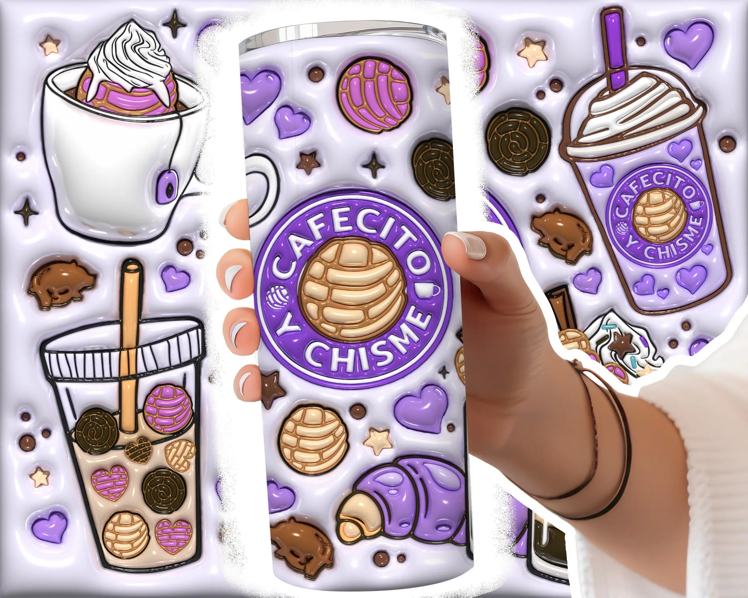 3D Cafecito y Chisme Inflated Tumbler, Featuring 3D Pan Dulce Designs, Unique Mexican Gifts, A Wonderful Addition to Your Coffee Collection, Soft and Puffy Coffee Tumbler with Conchas Mexicanas