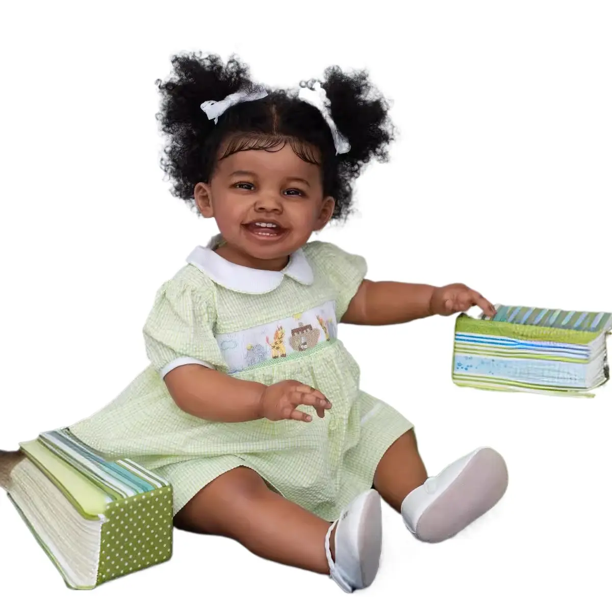 24-Inch Realistic Dark Brown Reborn Toddler Girl Doll with Green Dress Soft Cloth Body Acrylic Eyes Hand-Implanted Hair Role-Playing Toy for Kids 3+