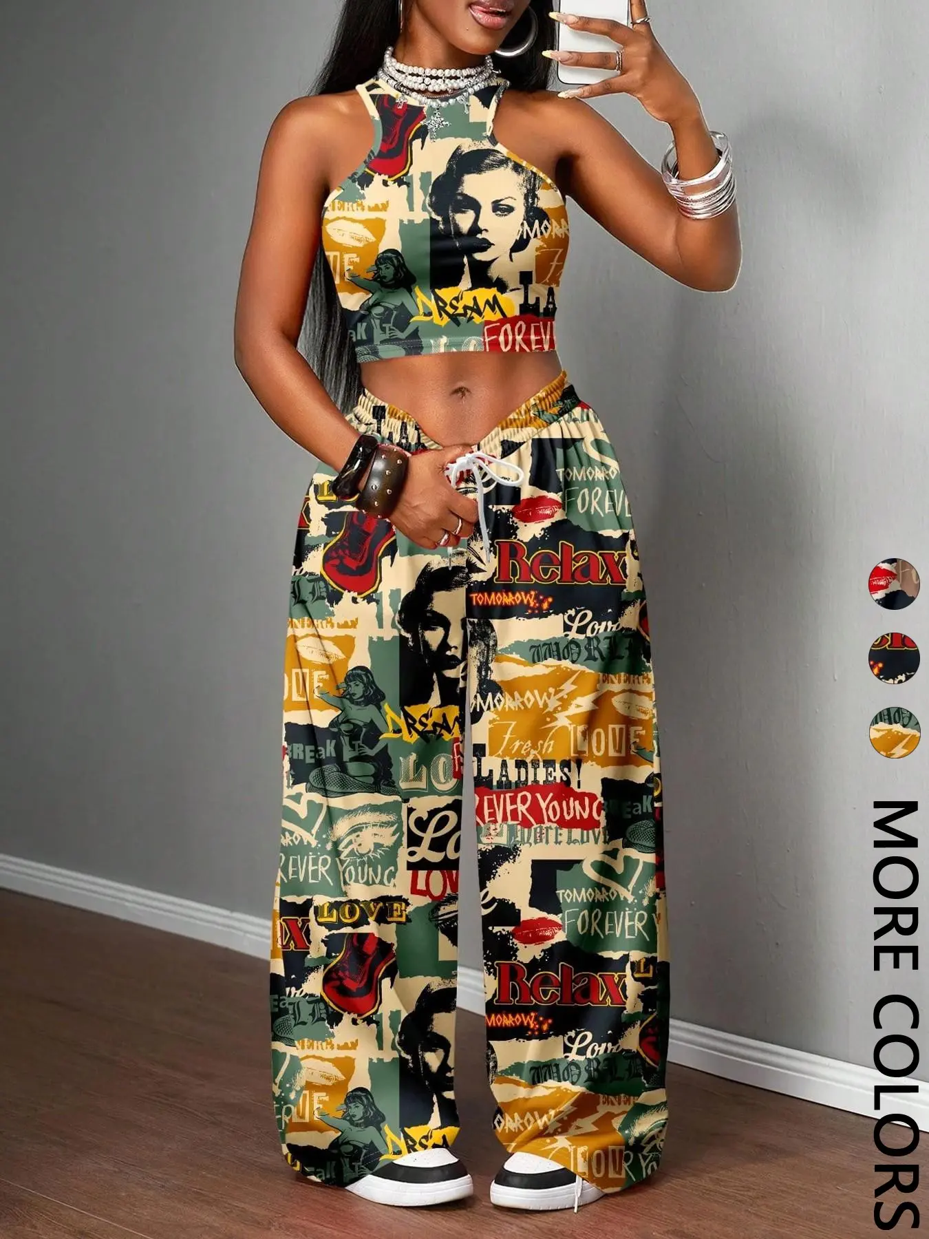 2 Piece Women Halter Neck Sleeveless Retro Print Crop Top & Wide Leg Pants Set Fashion Streetwear Clothes Casual Summer Set