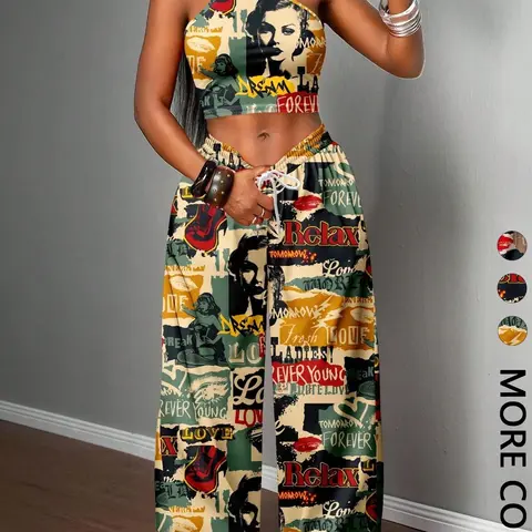 2 Piece Coordinate Set Women Halter Neck Sleeveless Retro Print Crop Top & Wide Leg Pants Set Fashion Streetwear Clothes Casual Summer Set
