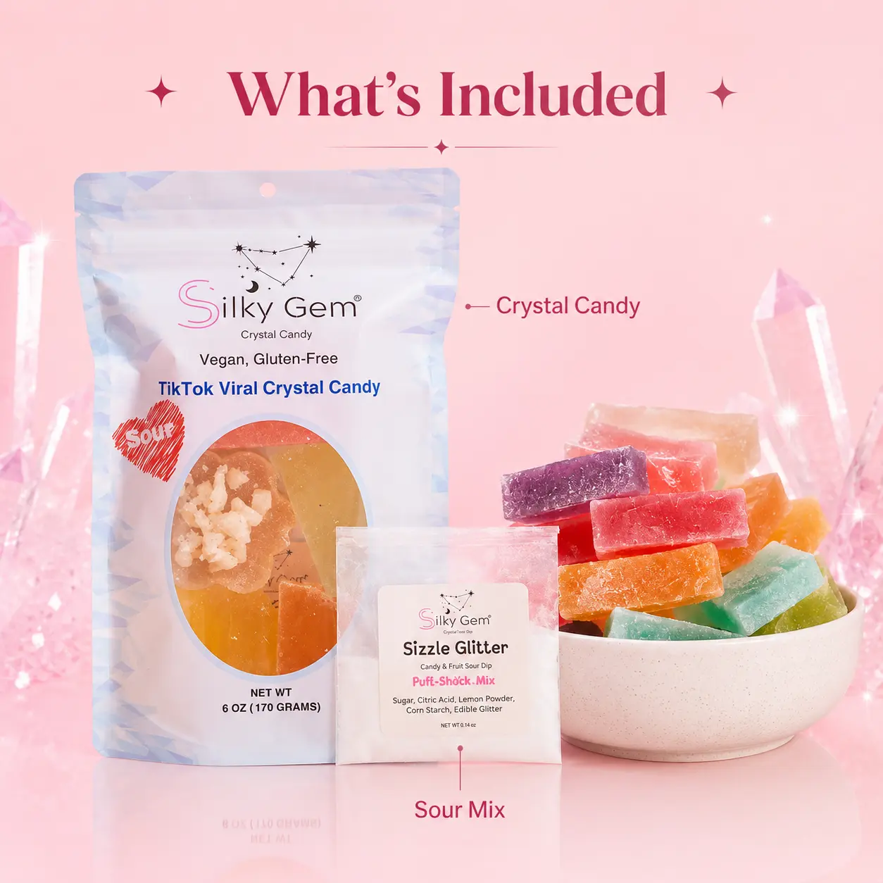 Silky Gem Crunchy Fruity Crystal Candy Sour Bites - Sugar Snack with Interactive Zest Experience, ASMR  Sweet