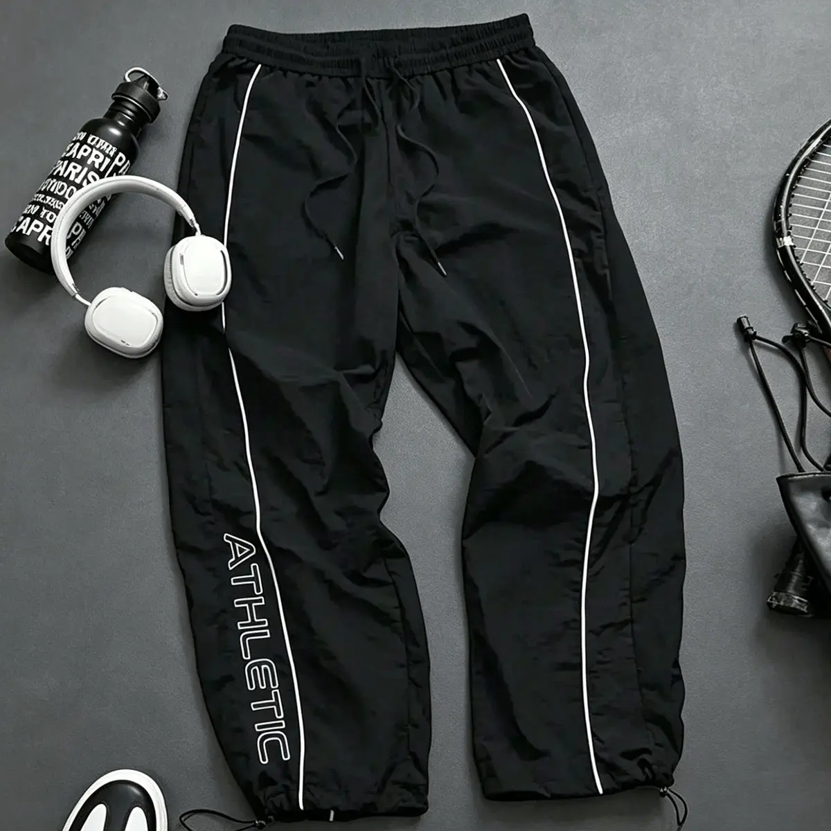 Men's Classic Oversized High-Street Retro Side Stripe Baggy Track Trousers - Loose Straight Wide Fit, Breathable Woven Bottoms with Drawstring, Gym-to-Street Athletic Activewear Sportswear Pants