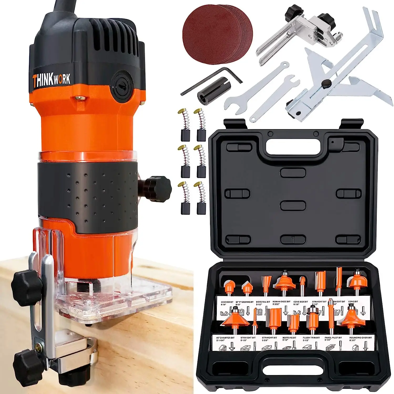 THINKWORK Compact Router, 6.5-Amp 1.25 HP Dust Hood Compact Router Tools for Woodworking with 15 pieces 1/4" Router Bits Set edge guide router bit woo