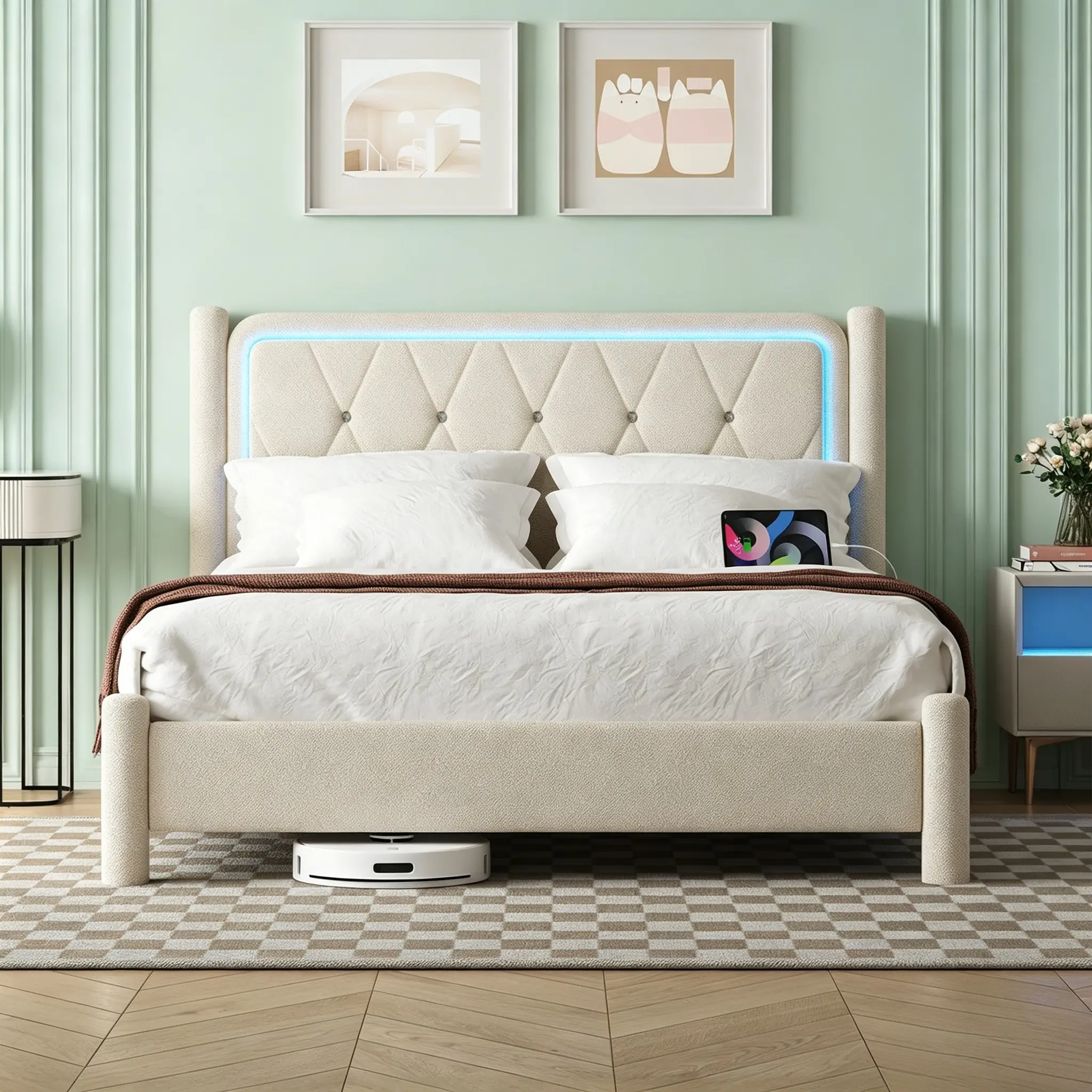 CollaredEagle Modern Linen Upholstered Platform Bed Frame Stylish Bedroom Sleeping Furniture Wooden Slat Support LED Lighting Built-in Outlet Bed Base Twin Full Size Indoor Bed Frame