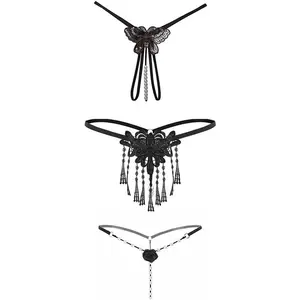 3PCS-Women's Sexy Pearl Tassel Lace Hollow Pendant Sexy Mini T-Shaped Underwear Valentine's Day