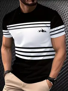 Men's Casual Simple 3D Striped Print Polyester Fitted Short Sleeve T-Shirt, Streetwear, Slightly Elastic Knit Fabric, Breathable Comfort, All Seasons