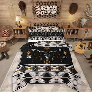 Bull Skull Bedding Set Boho Southwestern Aztec Comforter Set Queen Size for Boys Teens Men, Ethnic Duvet Insert Farmhouse Rustic Tribal 3 Piece, Black Grey