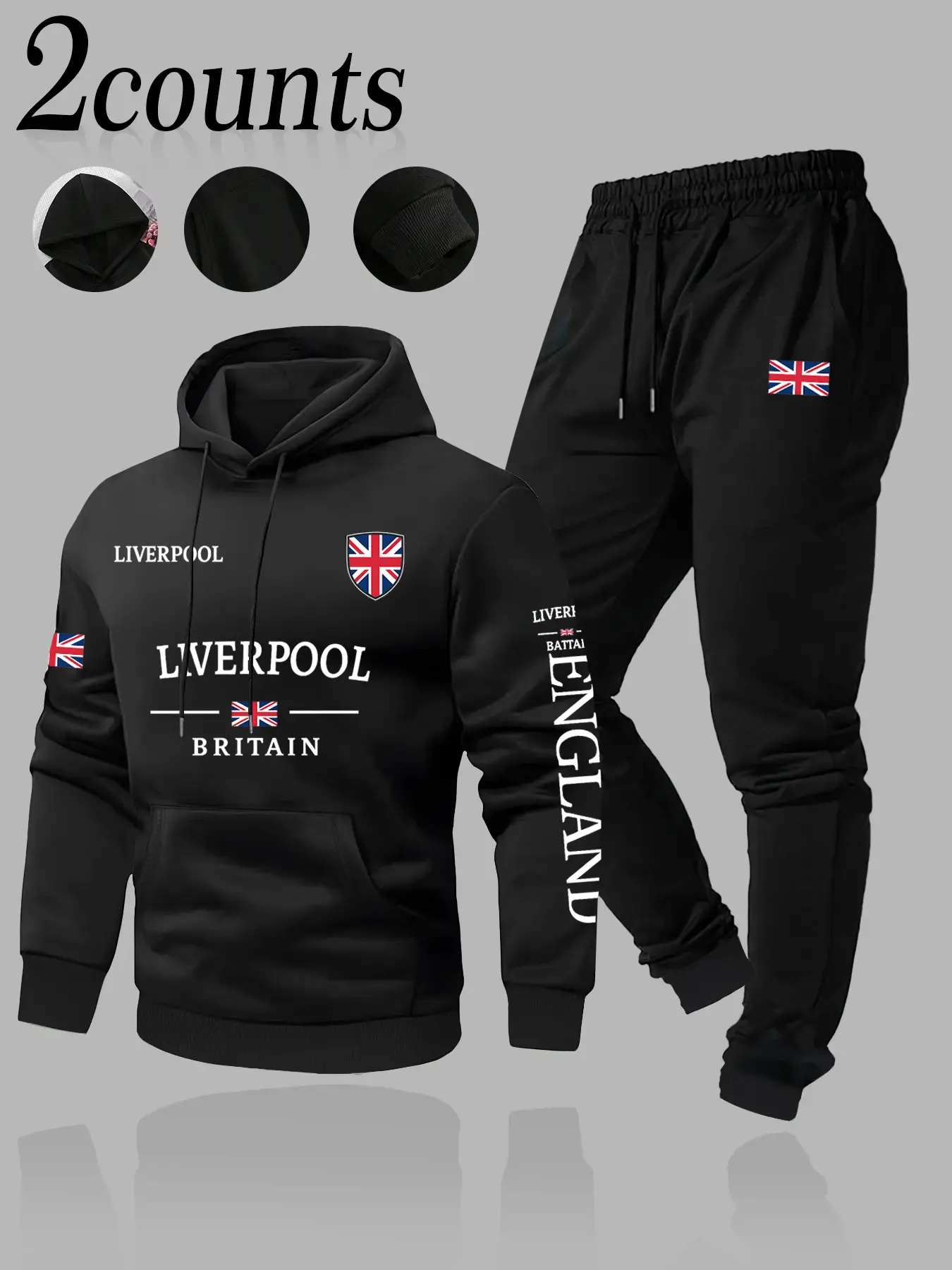 Men's Liverpool & UK Flag Graphic Hoodie & Jogger 2-Piece Set, Graphic Athletic Tracksuit Set - Black Style with National Emblem Print, Sporty Casual Streetwear, Sweat Suit Set. Grab This Stylish Outfit for Patriotic Vibe