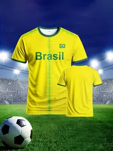 Men's Youth Football Training Jersey, Brazil Fan T-Shirt, Classic Design, Comfortable Durable Sportswear, Lightweight Knit Fabric